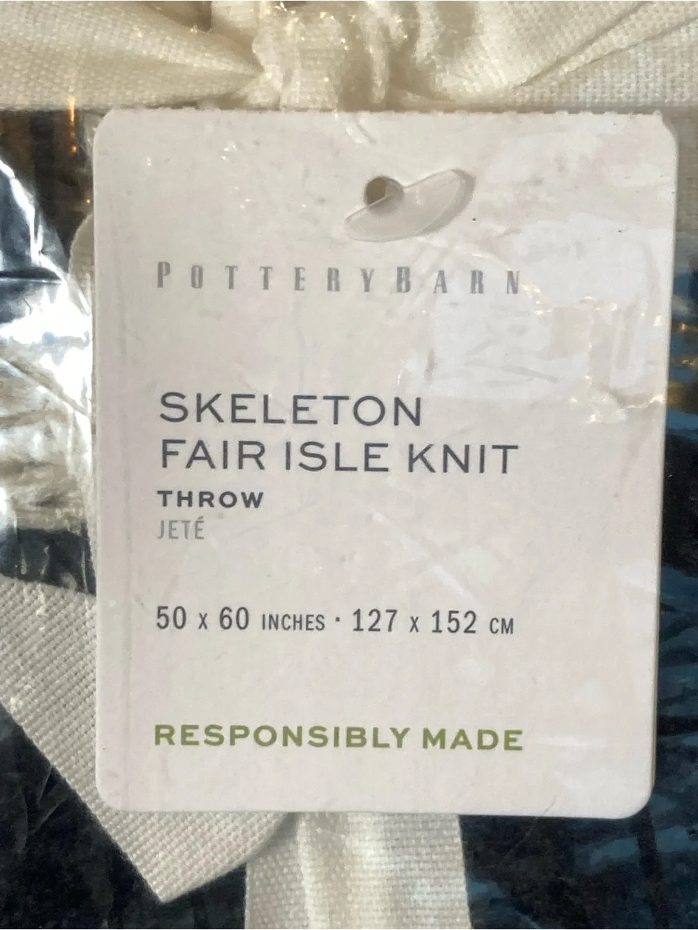 Pottery Barn New Sealed Chunky Knit Throw Black White Bones Skull Skeleton